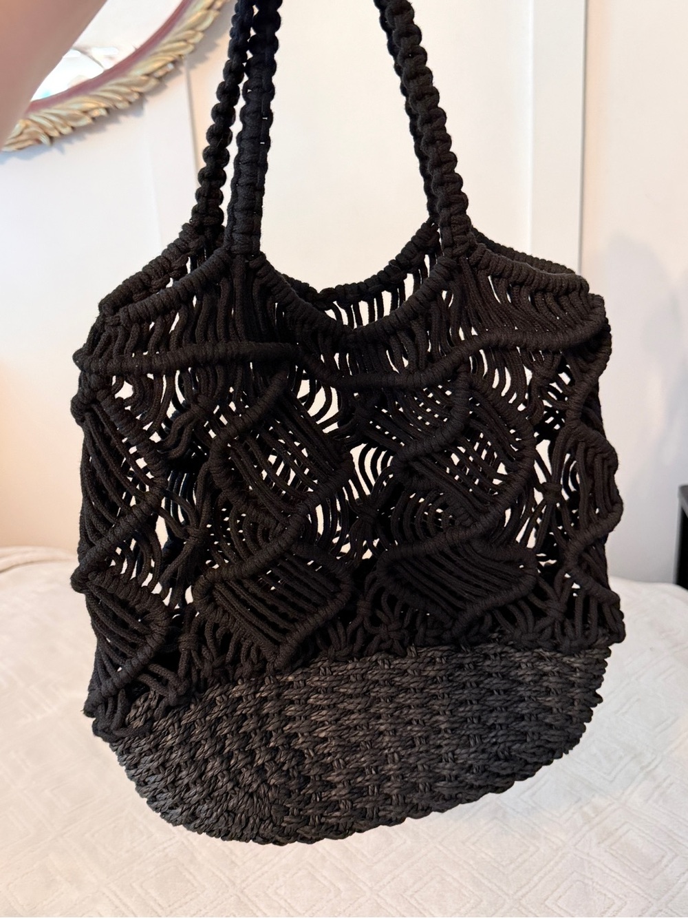 Black Boho Macrame Tote Bag | Goth Witchy woven Purse | Fall Halloween Handbag
